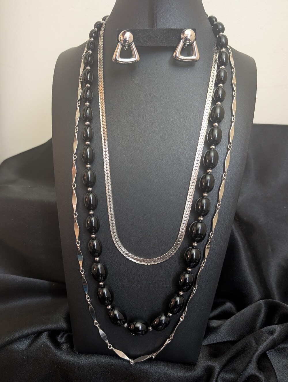 Vintage Black Monet & Silver Monet Necklace Set with Monet Earrings